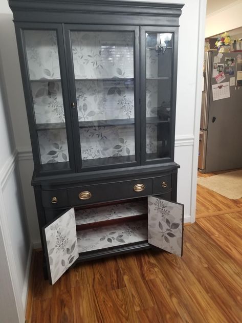 Black China Cabinet With Wallpaper, Curio Cabinet Wallpaper, Peel And Stick Wallpaper Bookcase, Peel And Stick Wallpaper Furniture, Peel And Stick Wallpaper On Furniture, Hutch With Wallpaper Back, Wallpaper Bookcase, Black China Cabinet, Furniture Recycle