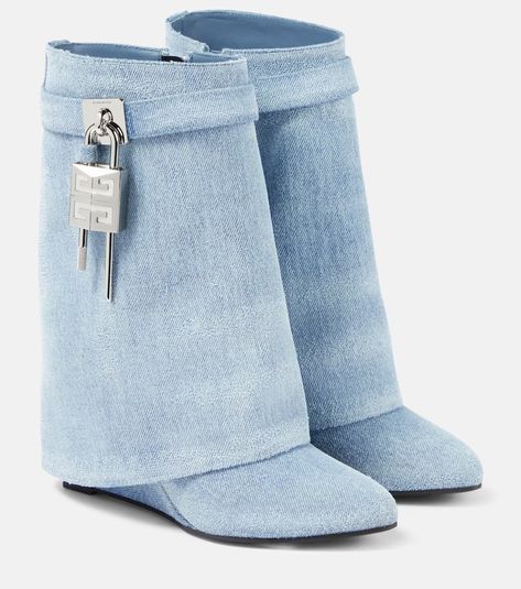 Shark Lock denim ankle boots in blue - Givenchy | Mytheresa Givency Boots, Denim Shark Boots, Givenchy Shark Lock Boots, Shark Lock Boots, Shark Boots, Givenchy Shark, Givenchy Boots, Spring Knitwear, Spring Sunglasses