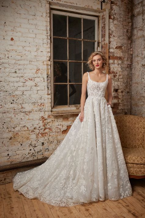 Calla Blanche | Trudy's Brides - Wilhelmina | Trudys Brides Wedding Dress Checklist, Square Neckline Wedding Dress, Square Neck Wedding Dress, Calla Blanche, Essense Of Australia, Wedding Dress With Pockets, Wedding Dresses With Flowers, Wedding Dresses With Straps, Designer Bridal Gowns