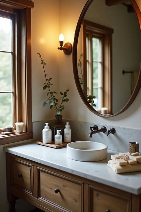 Transform your space into a cozy retreat with handmade cottagecore decor! 🌿 Embrace the nature aesthetic that brings the outside in. From dreamy soaps to wooden accents, a rustic farmhouse vibe can make bath time a magical escape. 🕯️✨ Let your inner cottagecore nature girl shine! #CottageCore #CottagecoreAesthetic #RusticHomeDecor #CottagecoreNature Cottagecore Aesthetic Bathroom, Natural Wood Aesthetic, The Nature Aesthetic, Cottagecore Vanity, Bathroom Cottagecore, Combined Laundry And Bathroom, Soft Cottagecore Aesthetic, Cottagecore Bathroom, Cottagecore Modern