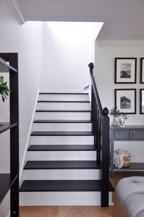 Staircase Remodel: What We Did and Would We Do It Again - FOXY OXIE Staircase Black And Wood, Dark Stained Staircase, Dark Stairs Light Floors, Black Stained Stairs, White And Black Staircase, Tiled Hallways, Black And White Steps, Painted Wood Stairs, Black Painted Stairs