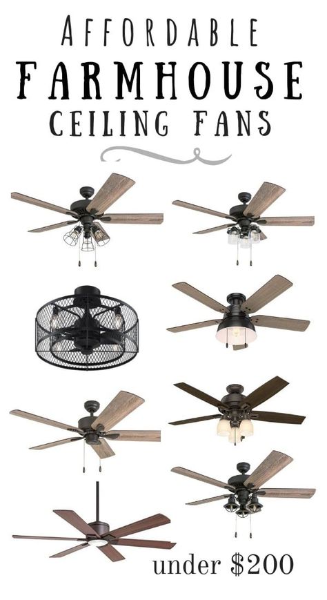 These affordable farmhouse ceiling fans are perfect for your next fixer upper. Fans with and without lights made of metal wood bronze and black.  Options under 200.00 dollars with a rustic, modern, industrial and vintage vibe.  Great for your living room, dining room, bedroom, kitchen. These are budget friendly ideas. Regular and flush mount 52", 60" sizes and large for your makeover. #homedecor #decorating Farmhouse Lighting Living Room, Farmhouse Ceiling Fans, Farmhouse Style Ceiling Fan, Rustic Modern Industrial, Industrial Farmhouse Living Room, Affordable Farmhouse, Farmhouse Living Room Lighting, Farmhouse Ceiling, Farmhouse Ceiling Fan