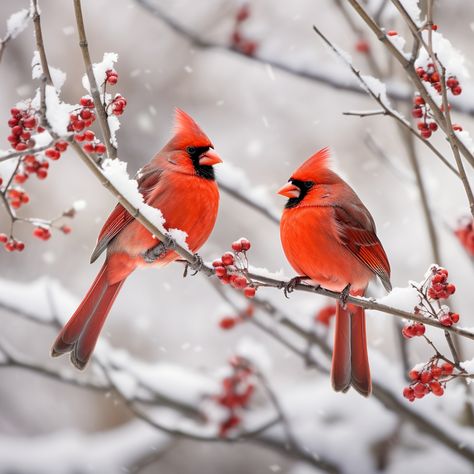 Winter Cardinals On A Berry Branch Free Stock Photo - Public Domain Pictures Birds And Berries, Winter Cardinal Photography, Cardinal Winter Scene, Photos Of Cardinal Birds, Photos Of Cardinals, Pictures Of Cardinals, Winter Reference Photo, Winter Scenes Photography, Cardinal Photography