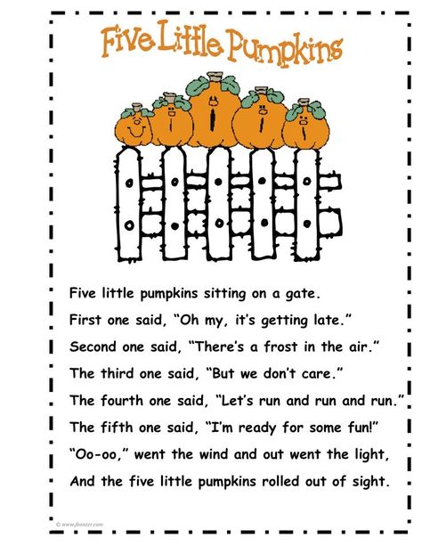 I sing this with the kids at my preschool  & they love it pumpkin poetry | Five Little Pumpkins: Pumpkin Poem, Pumpkin Lessons, 5 Little Pumpkins, It Pumpkin, Pumpkins Preschool, Pumpkin Song, Five Little Pumpkins, Classroom Songs, Book Craft