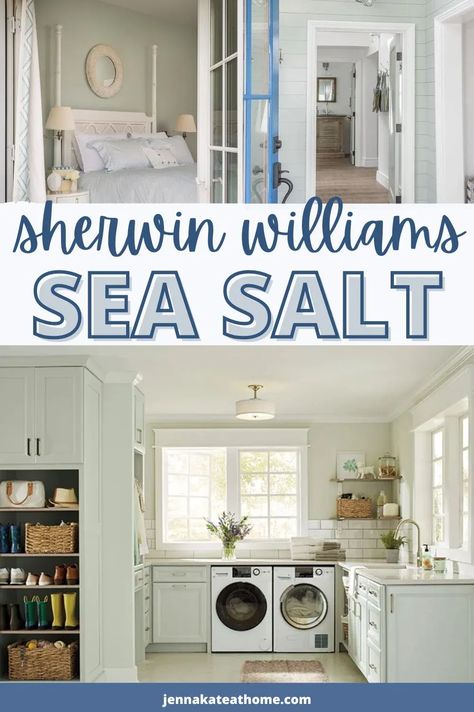 Sherwin Williams Sea Salt (SW 6204) is a green-gray paint color that can lean blue in certain lighting conditions. It's a popular choice for bathrooms and bedrooms. But is it the right choice for your home? Sherman Williams Sea Salt, Sea Salt Paint Color, Salt Paint, Sherwin Williams Sea Salt, Duplex Ideas, Sea Salt Paint, Dulux Paint Colours, Kitchen Cabinets Color Combination, Coastal Paint Colors