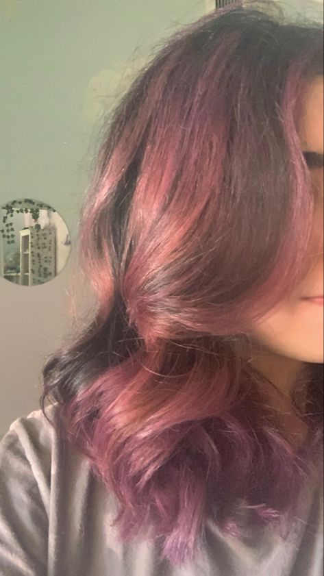 Pink Dye Over Brown Hair, Pink Highlights Wavy Hair, Dyed Hair Curtain Bangs, Curtain Bangs Purple Hair, Dyed Curtain Bangs, Curtain Bangs Dyed, Barbie Highlights, Dyed Highlights, Curtain Bangs Layers