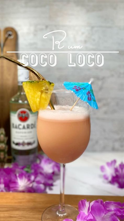 justpictureme on Instagram: COCO LOCO 4oz. Pineapple Juice 2oz. Light Rum 1oz. Cream of Coconut 1oz. Milk 1/2oz. Amaretto 1tsp. Grenadine 1/2cup Ice Cubes • • • •… Instagram Cocktails, Cream Of Coconut, Cocktail Decorations, Frozen Cocktail Recipes, Malibu Rum, Easy Cocktail, Light Rum, Rum Cocktail, Summer Cocktail Recipes