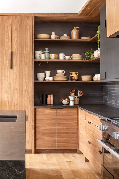 New Zealand Kitchen Design, Kitchen Wooden Cabinets Modern, Mid Century Modern Kitchen Wood Cabinets, L Shaped Kitchen No Upper Cabinets, Midcentury Lakehouse, Modern Wood Cabinets Kitchen, Midcentury Kitchen Ideas, Midcentury Modern Kitchen Cabinets, Wood Kitchen Cabinets Modern