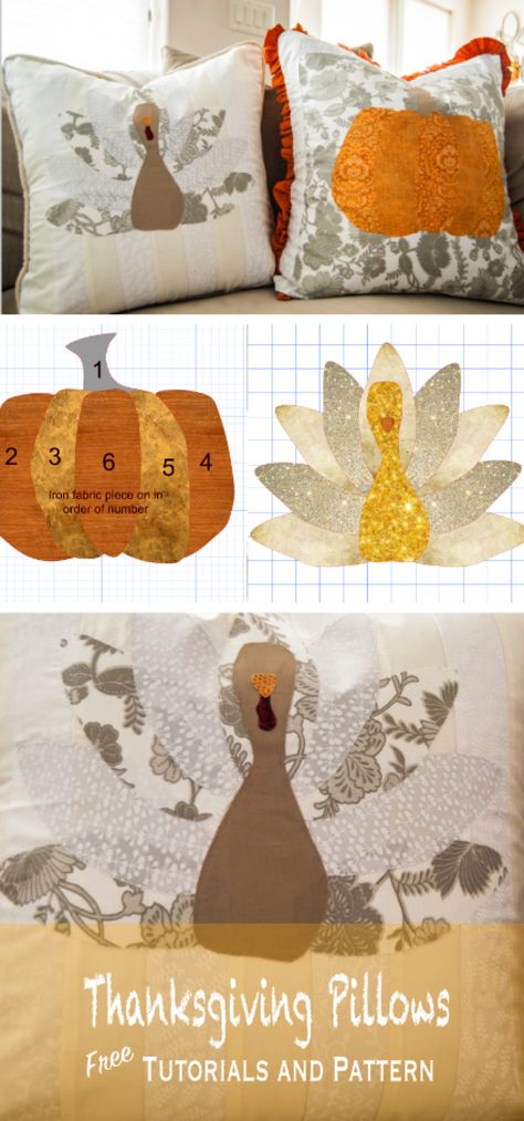 Thanksgiving Pillows-DIY Tutorial, Pumpkin and Turkey Quilt Patterns - the everything housewife Quilted Pillows Diy, Turkey Quilt, Fall Pillows Diy, My First Thanksgiving, Pillows Diy, Hand Painted Pillows, Thanksgiving Pillows, Christmas And Halloween, Felt Pillow