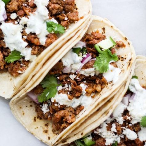 Pork Chorizo Tacos, Chorizo Tacos Recipes Dinner, Chorizo Tacos Recipes, Elote Cart, Chorizo Recipes Dinner, Sausage Tacos, Cilantro Lime Crema, Chorizo Tacos, Lime Crema