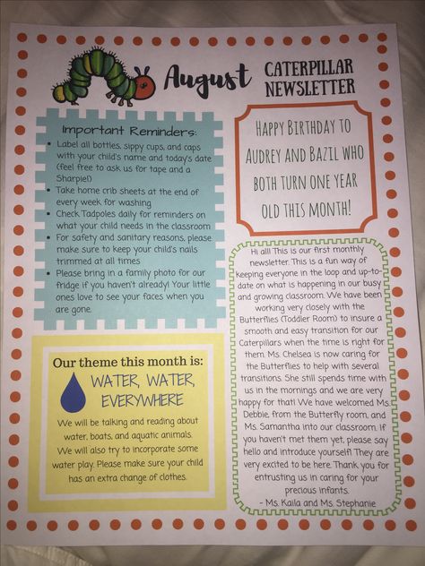 Infant Room Preschool Newsletter Infant Room Set Up, Daycare Organization Ideas Infants, Preschool Infant Room, Daycare Monthly Newsletter, Infant Newsletter Ideas, Preschool Director Ideas, Infant Room Daycare Decorations Diy, Infant Room Themes Classroom Decor, Infant Daycare Ideas