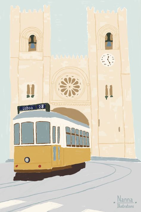 Lisbon in the city that I choose to call home 7 year ago with no regrets. A very sunny capital with great food and wine. Tram 28 ou "Elétrico 28" as we say in Portuguese is a iconic symbol of the city. Lisbon Illustration, Portugal Drawing, Assouline Prints, Lisbon Poster, Moodboard Art, Lisbon Tram, Itinerary Ideas, Portugal Lisbon, Cell Cover