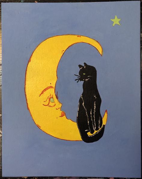 Cat Sitting On Moon Drawing, Cat Sleeping On Moon Tattoo, Black Cat Tribute Tattoo, Cartoon Moon Aesthetic, Funky Acrylic Painting Ideas, Cat Moon Illustration, Cat Moon Painting, Cat Painting Easy Simple, Simple Black Cat Painting