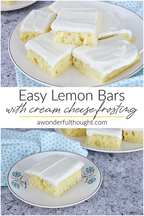 Easy Lemon Bars with Cream Cheese Frosting - A Wonderful Thought Lemon Bars With Icing, Frosted Lemon Bars, Lemon Bars With Cream Cheese Frosting, Desserts With Cream Cheese Frosting, Banana Bars With Cream Cheese Frosting, Leftover Cream Cheese Frosting, Lemon Bars With Cream Cheese, Lemon Cake Bars, Recipes Using Cream Cheese