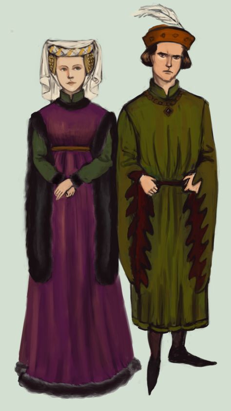 1400 A wealthy couple from the first half of the 15th century, both wearing houppelande. Western Europe  by Tadarida.deviantart.com on @DeviantArt Tadarida Deviantart, Latino Clothing, Wealthy Couple, 15th Century Fashion, 15th Century Clothing, Fashion Timeline, Medieval Clothes, Medieval Costume, Century Clothing