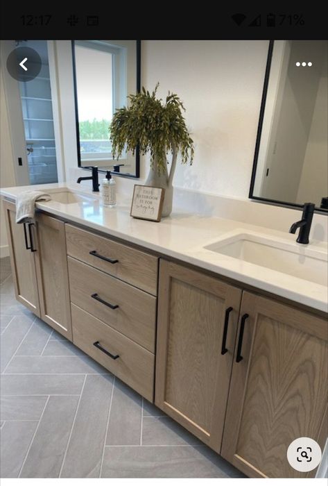 Light Stained Bathroom Cabinets, White Oak Vanity Black Hardware, Grey White Brown Bathroom, Duel Sink Bathroom Ideas, Bathroom Flooring Ideas With Wood Vanity, Bathroom Gray And Wood, Master Bathrooms Designs, Maple Cabinets Bathroom, Mc Bathroom