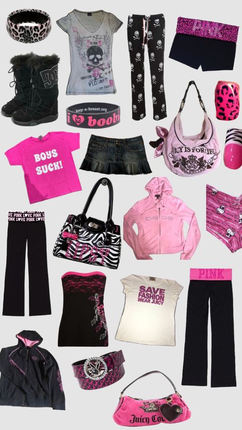 Y2k Pink And Black Outfit, Trashy Y2k School Outfits, Mcbling Aestethic 2000s, Mcbling Shein Finds, Mcbling Party Outfit, Y2k Pink Clothes, Mcbling Aestethic Outfits, Mcbling Outfits For School, Mcbling Outfits Winter