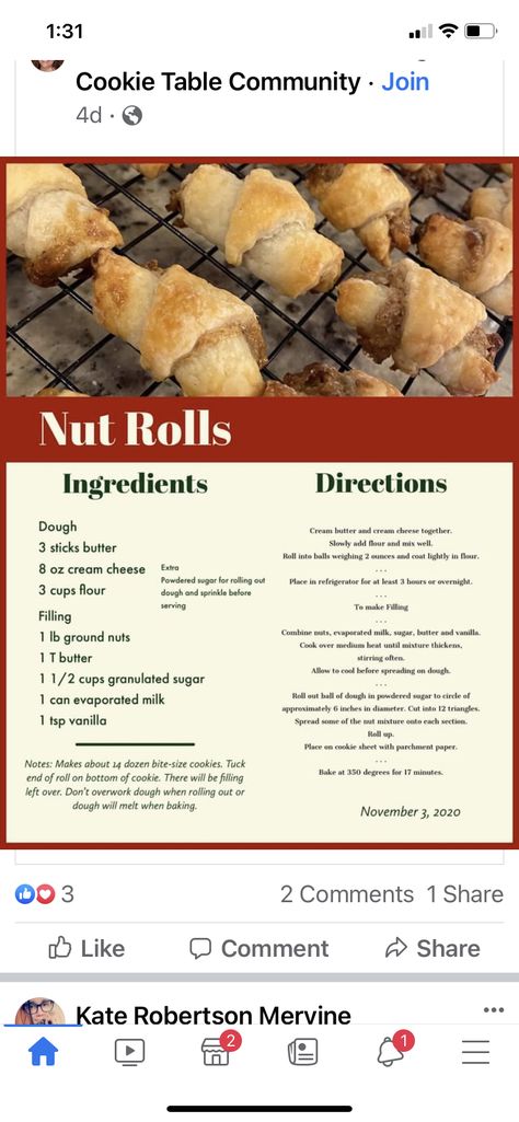 Easy Nut Roll Recipe, Butterhorns Recipe, Nut Roll Recipe, Cookies Banana, Rolls Recipe Easy, Cookies 2023, Nut Roll, Nut Rolls, Cream Cheese Rolls