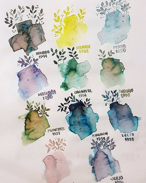 Ink Swatch Ideas, Fountain Pen Ink Swatches, Watercolor Swatches, Ink Swatches, Pen Stationary, Dog Pens, Eye Photo, Ink Lettering, Dog Pen