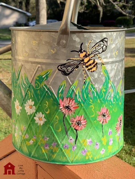 Spring Meadow Painted Watering Can - lovemycottage Hand Painted Watering Cans, Watering Can Painting Ideas, Painted Watering Cans Ideas, Painted Watering Cans, Watering Can Ideas, Treat Myself, Metal Watering Can, Apple Barrel, Spring Meadow