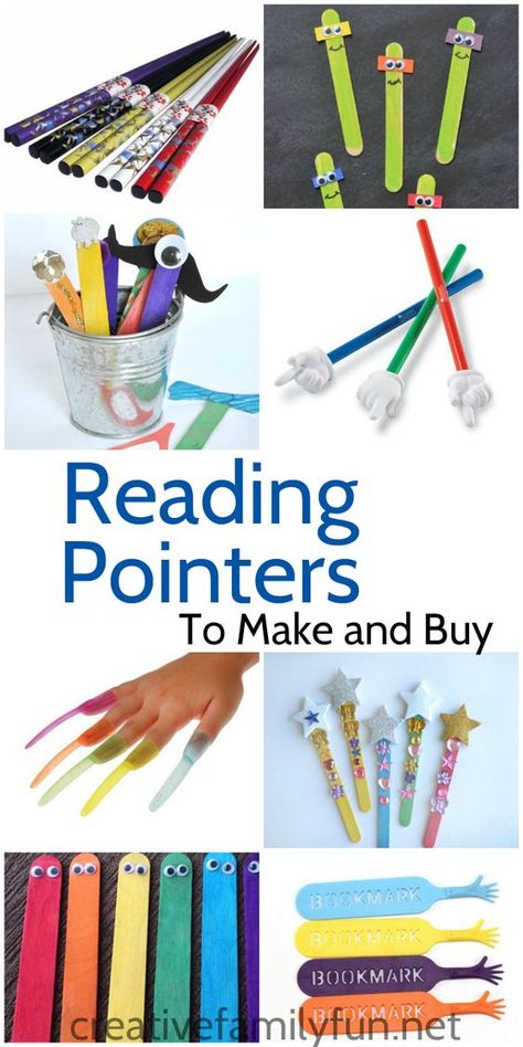 A collection of fun reading pointers you can make or buy for your beginning readers. Reading Pointers, Preschool Reading, Elementary Learning, Phonics Practice, Stick Crafts, Learning To Read, 2nd Grade Reading, First Grade Reading, Reading Centers