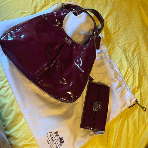 Brand New, Never Used Coach Purse And Matching Wallet. Paid Over $700 For The Set. It’s More Of A Dark Red/Burgundy Color Than The Pictures Show. Patent Leather. Purse Still Has Stuffing In It And Wallet Still Has Original Tags. Comes With Coach Dust Bag. Coach Burgundy Bag, Coach Red Bag, Dark Red Purse, Burgundy Purse, Burgundy Bag, Dream Bag, Red Leather Purse, Red Leather Bag, Vintage Tote Bag