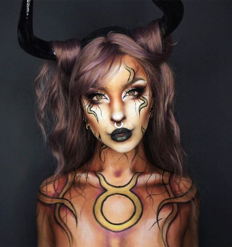 Ellie H-M on Instagram: “TAURUS ♉️ 🌟Zodiac UPDATE 🌟  Hey guys so I’ve had loads of people asking what’s happening to the zodiac series and where is Gemini! and I…” Taurus Costume, Look Rock, Creative Makeup Looks, Taurus Zodiac, Gemini Zodiac, Creative Makeup, Larp, Fancy Dress, Halloween Face Makeup