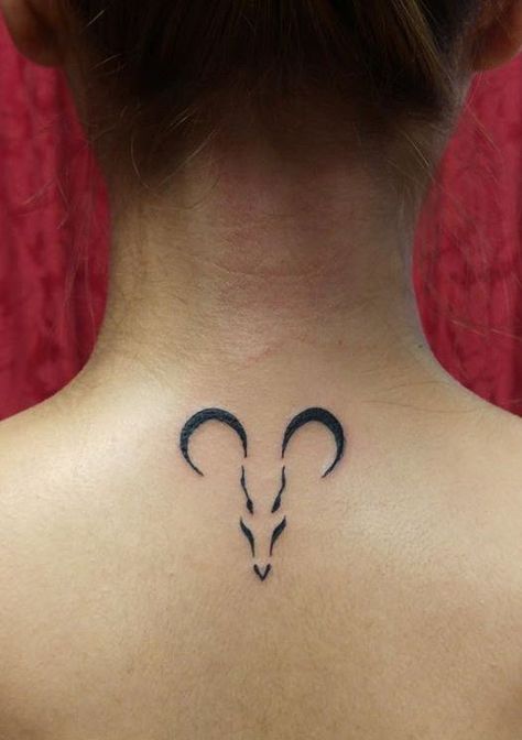 Mens Aries Tattoos Ideas, Aries Horns Tattoo, Minimalistic Aries Tattoo, Aries Back Tattoo Women, Cool Aries Tattoo, Ram Tattoo Aries Women, Aris Tattoos Zodiac Signs, Aries Tattoo Ideas Unique Women, Capricorn Tattoo Designs For Women