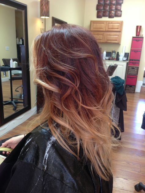 Red blonde ombré - this is what ombré hair is supposed to look like!! Blended, beautiful colors - I love getting compliments on my hair :) Salon VIP in Batavia ny :) Auburn Ombre Hair, Blonde Styles, Auburn Ombre, Blonde Ombré, Honey Blond, Red Blonde, Ombre Hair Blonde, Red To Blonde, Blonde Curly Hair