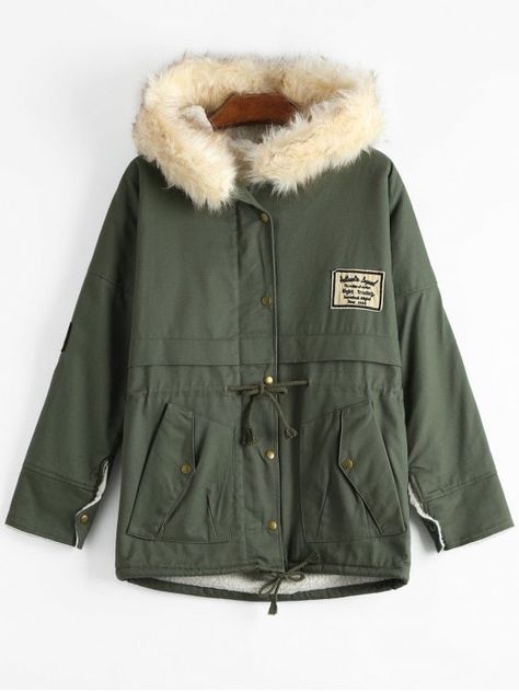 Patchwork Faux Fur Trim Hooded Shearling Coat - ARMY GREEN ONE SIZE Jacket Store, Leopard Jacket, Hooded Denim Jacket, Plaid Coat, Hooded Parka, Shearling Coat, Parka Coat, Winter Jackets Women, Plaid Jacket