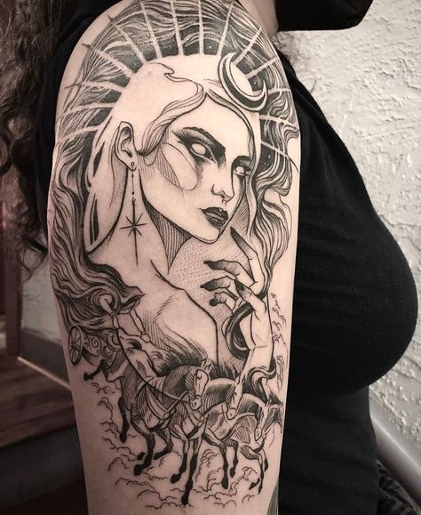 Nyx Goddess Art Greek Mythology, The Chronicles Of Amber, Greek Goddess Tattoo, Night Tattoo, Shaman Woman, Four Horses, Goddess Tattoo, Greek Mythology Tattoos, Mythology Tattoos