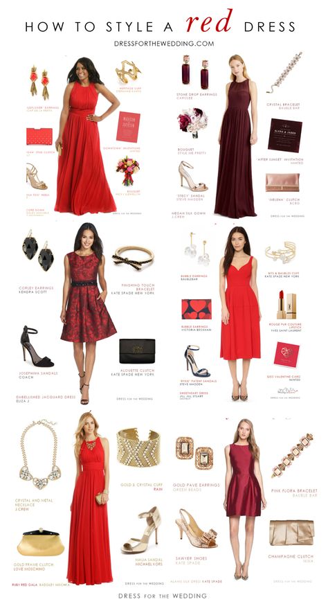 Accessories and styling ideas for a red dress or red outfit. Tips for How to Accessorize red dresses for special occasions.  #reddress #fashionideas #outfitideas #weddingideas  #redoutfits Outfit Vestido Rojo, Simple Red Dress, Red Dress Accessories, Neon Prom Dresses, Sparkly Prom Dress, Below The Knee Dresses, Strapless Prom Dress, Grunge Dress, Wear To Work Dress