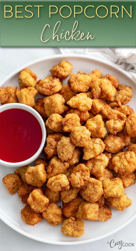 popcorn chicken with a red dipping sauce Chicken Popcorn, Potatoes And Vegetables, Popcorn Chicken Recipe, Best Popcorn, Popcorn Chicken, Kid Friendly Dinner, Chicken Dishes Recipes, Dinner Idea, Poultry Recipes