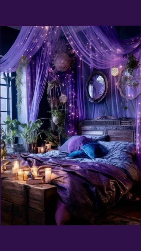 Dark Witch Bedroom, Dark Witch Aesthetic Bedroom, Witches Bedroom, Bedroom Back Wall Design, Bedroom Back Wall, Boho Witchy Bedroom, Whimsigoth Bedroom, Back Wall Design, Small Coastal Living Room