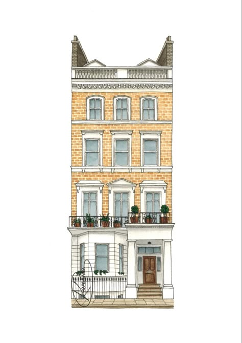 Watercolour painting of beige bricks Georgian British  house, London London House Drawing, Building Sketch Simple Architectural Drawings, Brick House Drawing, Georgian Houses, London Drawing, House Drawings, Happy And Content, Classic Facade, Watercolor House Painting