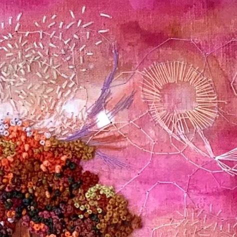 Elizabeth Sullivan on Instagram: "Looking back a year ago, this piece found its forever home. Acrylic and ink on canvas, then stitched and beaded." Sewing On Canvas, Abstract Applique Textile Art, Claire Wellesley Smith Textile Art, Underwater Textile Art, Mixed Media Sewing On Painting, Isobel Moore Textile Art, Embroidered Photographs, Abstract Embroidery, Textiles Projects