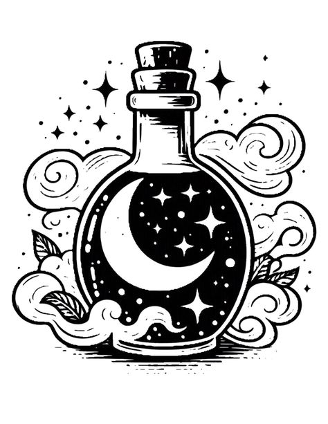 Potion Making Drawing, Potion Jar Drawing, Witchy Clip Art, Potion Bottle Clipart, Potion Bottle Doodle, Witch Brewing Potion Art, Magic Potion Bottles Drawing, Poison Bottle Drawing, Witchy Drawing Ideas