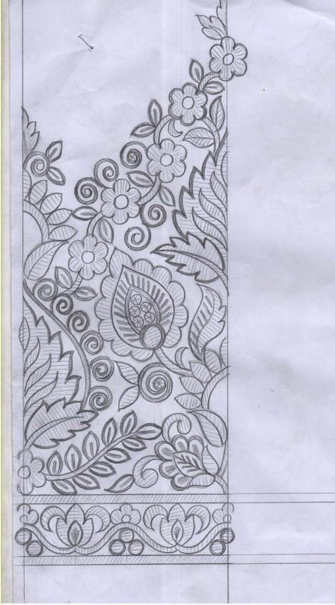 Embroidery Computer Design, Daman Design Sketch, Pallu Sketch Design, Geometrical Border Design, Embroidery Patterns Sketch, Daman Design Embroidery, Embroidery Sketches Design Drawings, Embroidery Sketches Design, Floral Textile Prints