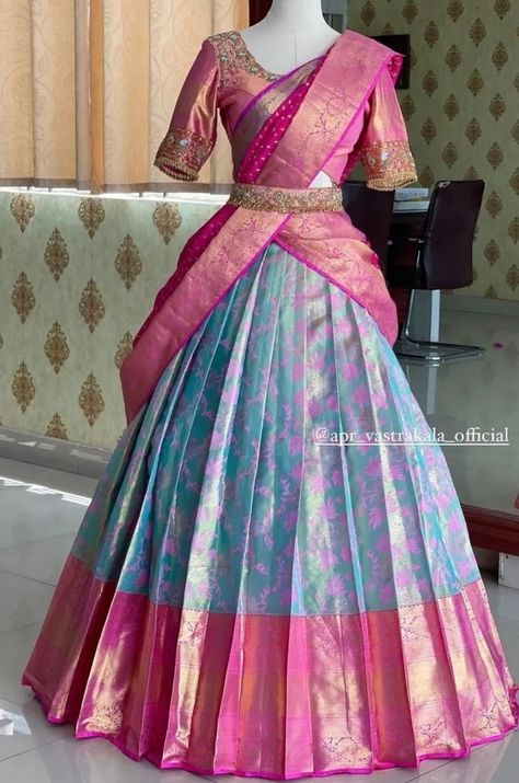 Half Saree Designs Simple, Silk Half Saree, Lehenga Saree Design, Half Saree Lehenga, Long Gown Design, Lehenga Designs Simple, Traditional Blouse Designs, Half Saree Designs, Saree Designs Party Wear