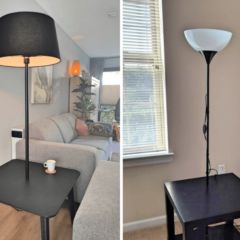 DIY Table with lamp attached 2 Table With Lamp Attached, All In One Room, End Table With Lamp, Ivar Cabinet, Ikea Floor Lamp, Table With Lamp, Birch Floors, Ikea Ivar Cabinet, Camera Lamp