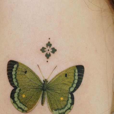 Green Tattoo Aesthetic, Pink And Green Tattoo, Emerald Green Tattoo, Green House Tattoo, Stained Glass Butterfly Tattoo, Green And Black Tattoo, Dark Green Tattoo, Green Butterfly Tattoo, Green Ink Tattoo