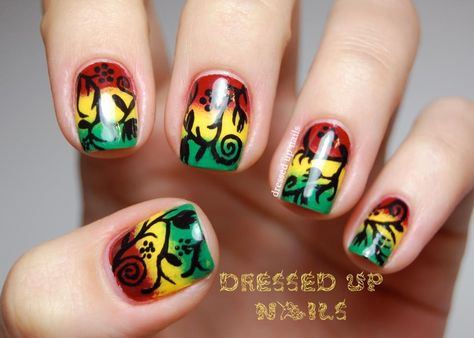 Jamaica inspired nails. Jamaica Nails, Rasta Nails, Silhouette Nails, Dread Lock, Funky Nail Art, Rasta Colors, Floral Nail Art, Vacation Nails, Flower Nail Art