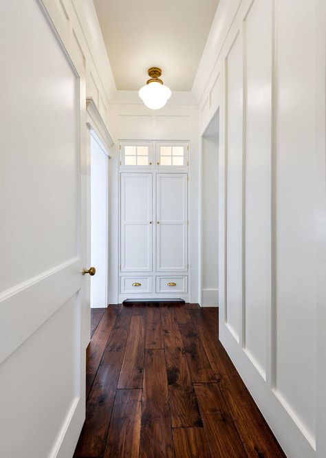 Walnut Hardwood Flooring, Hardwood Floor Colors, Hardwood Floors Dark, Wood Floors Wide Plank, Wooden Floors, Floor To Ceiling, Board And Batten, House Flooring, Hallway Decorating