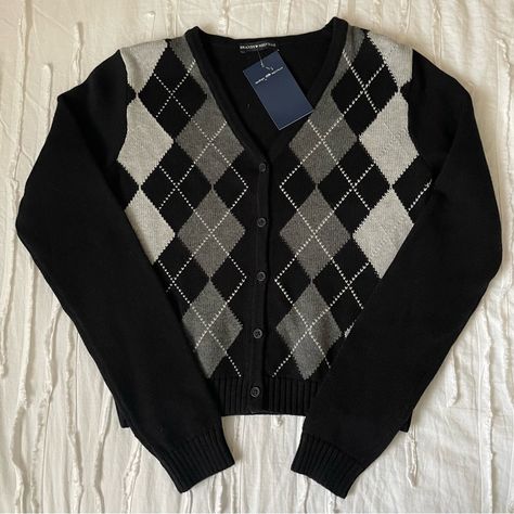 Brandy Melville Black And Grey Argyle Cardigan Nwt Never Worn One Size Black Argyle Sweater, Argyle Cardigan, Brandy Melville Sweaters, Expensive Gifts, Argyle Sweater, Brandy Melville, Brandy, Black Gray, Sweaters & Cardigans