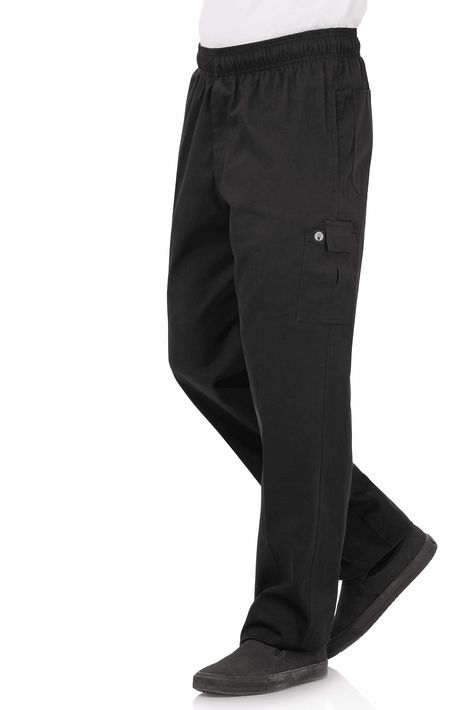 PRICES MAY VARY. Comfortable Chef Pants - 100 percent, all-natural cotton fibers for maximum comfort and all-day wear. Increased Mobility - Drapes loosely on the body with a relaxed fit through thigh and leg. Durable Quality - Reinforced stress points for longevity through daily wearing and washing. Multiple Pockets - Includes two front pockets, two back pockets with Velcro flaps, and two cargo pockets with Velcro flap. Ethical Sourcing - Chef Works cares about how our products are manufactured Men's Chef Pants, Chef Design, Black Chef, Chef Pants, Chef Wear, Chef Coat, Mens Work Pants, Safety Clothing, Pants Cargo