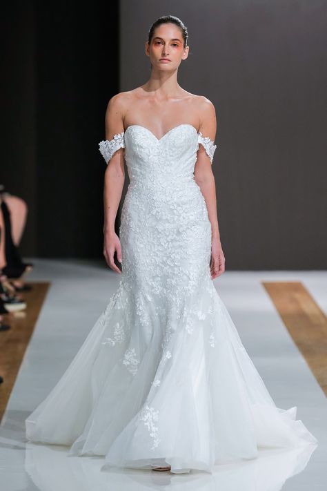 Mark Zunino debut's his new bridal collection that features 34 ornate gowns that we are simply enchanted by. Wedding Dresses Trumpet, Mark Zunino, Plain Wedding Dress, Trumpet Silhouette, Halter Wedding Dress, Wedding Dresses 2020, Trumpet Wedding Dress, Strapless Neckline, Sleeve Wedding Dress