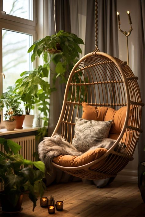 Hanging Chair In Bedroom Aesthetic, Scandinavian Lake House, Bedroom Trends 2023, Hanging Chair Living Room, Hanging Chair In Bedroom, Reading Nook Aesthetic, Cozy Corner Ideas, Bedroom Swing, Inspiration Color Palettes