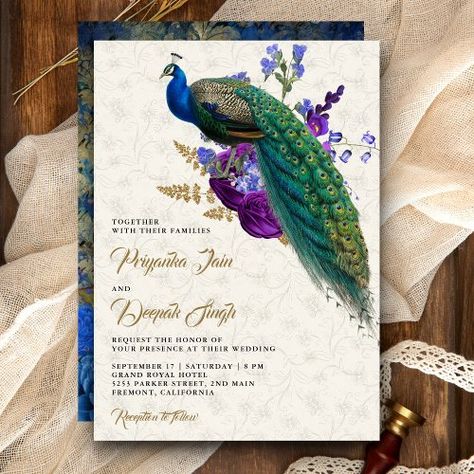 $2.92 | Royal Blue Purple Floral Indian Peacock Wedding | Wedding Invitations | peacock theme indian wedding, hindu bollywood style romantic asian, botanical floral nature garden, rustic old antique bird animal, vintage colorful painted flowers, modern elegant trendy fancy stylish, exotic unique, bright vibrant vivid Royal Blue Wedding Invitations, Wedding Hindu, Blue Wedding Stationery, Peacock Wedding Invitations, Indian Wedding Theme, Indian Peacock, Colorful Wedding Invitations, Peacock Theme, Peacock Wedding