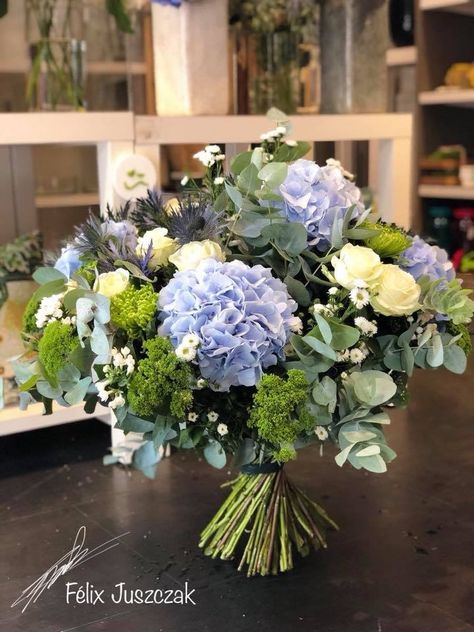 Blues, greens, white palette. Of course in a vase.... Blue And Green Flower Arrangements, Blue Green Bouquet, Blue Flower Arrangements, Hydrangea Flower Arrangements, Silk Flower Wedding Bouquet, White Palette, Church Flowers, Flowers Bouquet Gift, Beautiful Bouquet Of Flowers