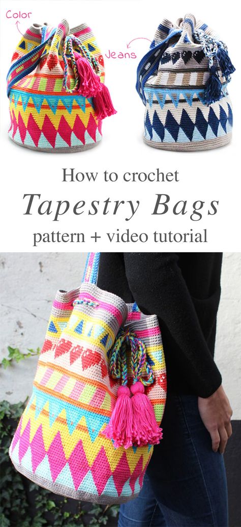 Mochila Bag Tapestry Crochet Free Pattern Video Tutorial | Crochet & Knit by Beja - Free Patterns, Videos + How To Wayuu Bags Pattern, Tote Crochet, Mochila Crochet, Tapestry Bags, Mochila Bag, Crochet Shell Stitch, Free Crochet Bag, Confection Au Crochet, Bag Pattern Free